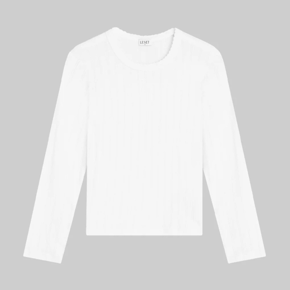 Leset White Slim Fit Pointelle Long Sleeve Tee